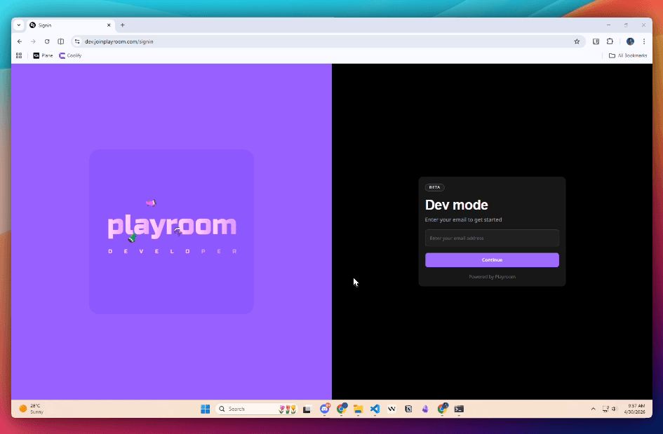 Playroom Dev Portal — enter your email
