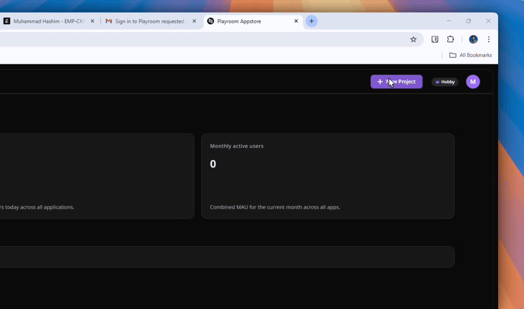 Playroom dashboard — click + New Project